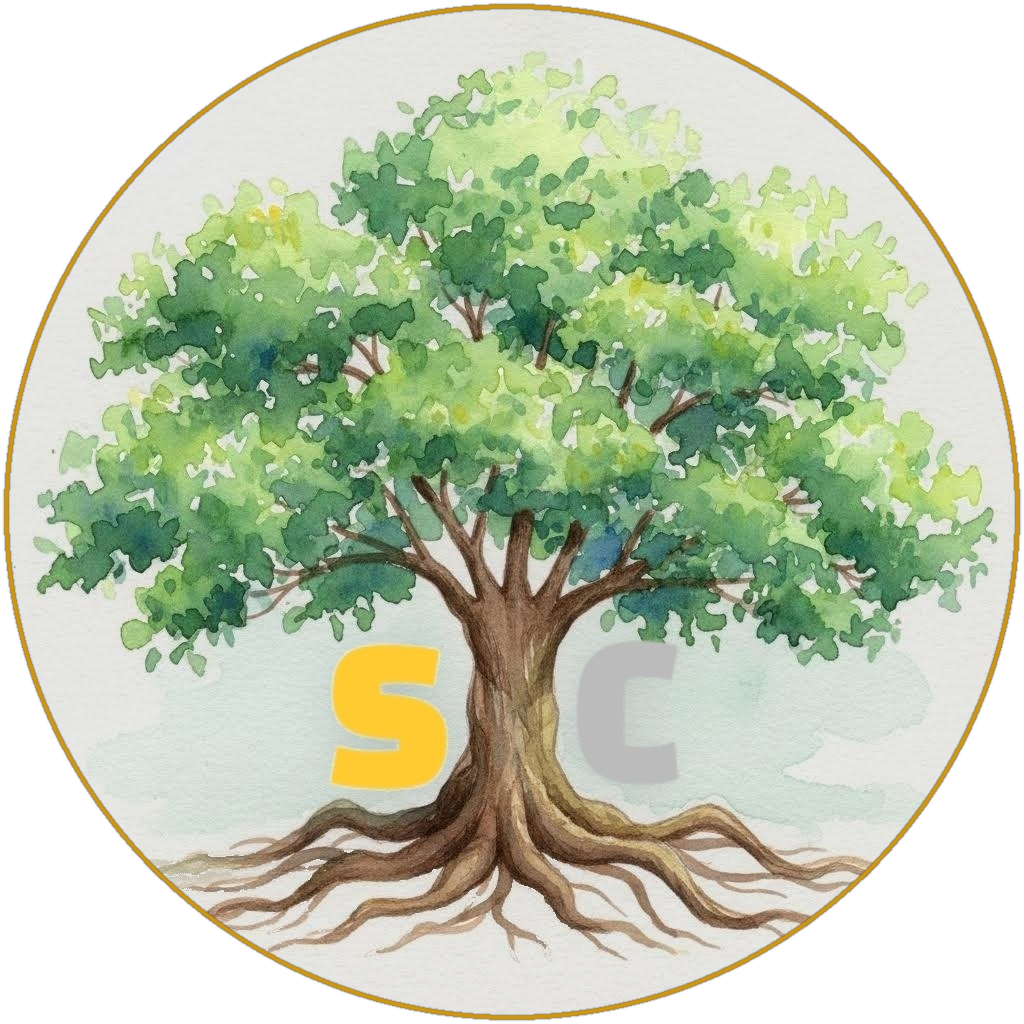 SteveCo AI Logo: Aquarell-Baum mit den Buchstaben S und C in den Wurzeln, rundes Medaillon mit Goldring